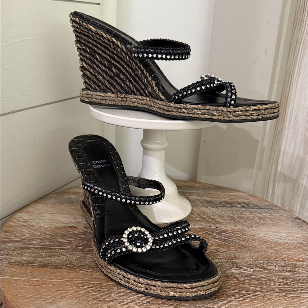 Costa Blanca Black Wedge Sandals with Espadrille Heel